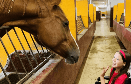 Carolina, sulla sua sedia a rotelle, saluta un cavallo che affaccia la testa nelle scuderie.