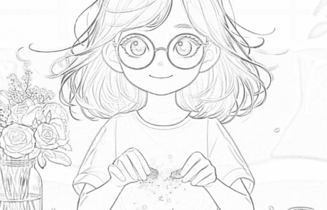 Disegno da colorare: Isabel sparge il glitter con le dita sul tavolo tra i barattoli.