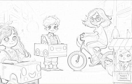 Disegno da colorare: i quattro fratelli con le loro auto di cartone e il botteghino dei biglietti.
