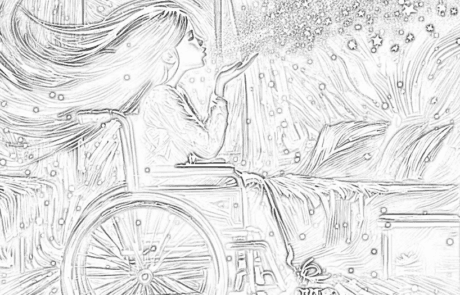 Disegno da colorare: Carolina soffia glitter che si trasforma in stelle dalla sua sedia a rotelle.