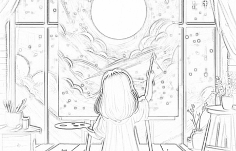 Disegno da colorare: Martina dipinge sul suo cavalletto un cielo con una grande luna.