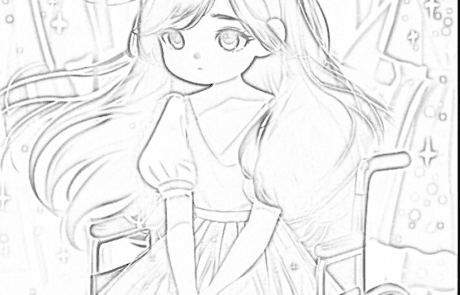 Disegno da colorare: Carolina, sulla sua sedia a rotelle, tra i vestiti di un negozio.