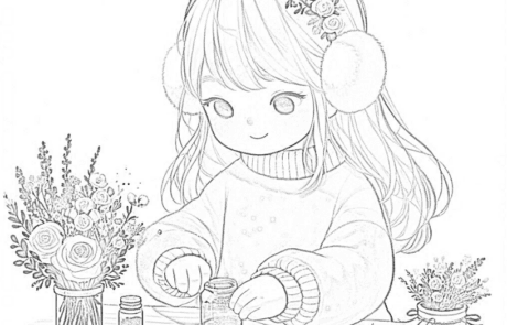 Disegno da colorare: María versa il glitter da un barattolo tra mazzi di fiori.