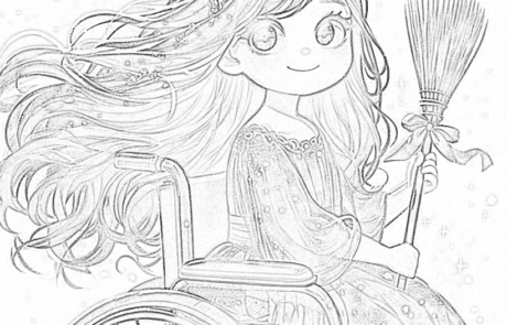 Disegno da colorare: Carolina, con l'abito da festa, tiene una scopa ornata con un fiocco.