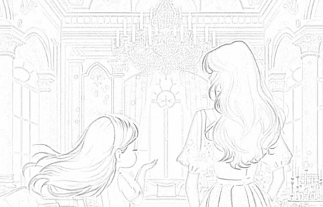 Disegno da colorare: Carolina e una donna, di spalle, nel grande salone di un palazzo.
