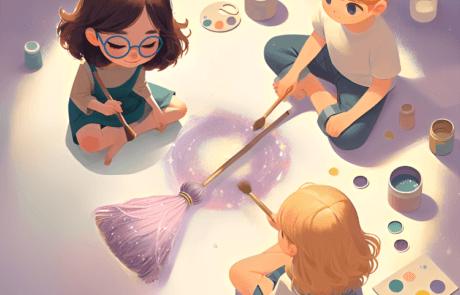 Illustrazione del libro: Isabel, Juanma e María dipingono con il glitter una scopa seduti per terra.