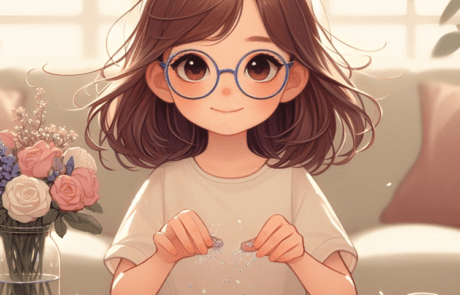 Illustrazione del libro: Isabel sparge il glitter sul tavolo tra barattoli colorati.