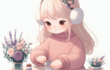 Illustrazione del libro: María, con i suoi paraorecchie, versa il glitter da un barattolo su un foglio di carta.