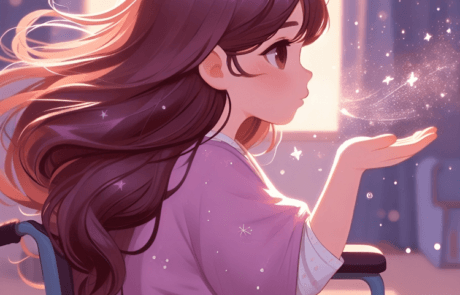 Illustrazione del libro: Carolina, sulla sua sedia a rotelle, soffia il glitter dal palmo della mano.