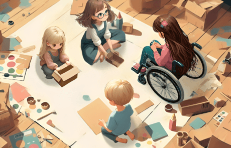 Illustrazione del libro: i quattro fratelli costruiscono i loro costumi di cartone circondati da scatole e colori.