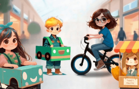 Illustrazione del libro: i fratelli sfilano con le loro auto di cartone; Carolina sulla sua sedia e María al botteghino.
