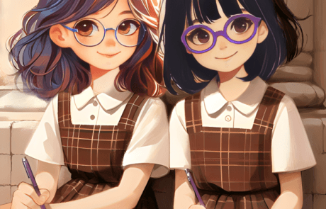 Illustrazione del libro: Isabel e Martina, con l'uniforme scolastica, scrivono sui loro quaderni.