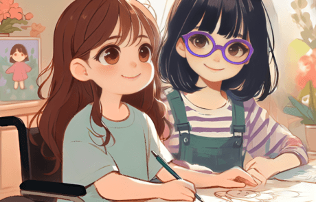 Illustrazione del libro: Carolina, sulla sua sedia a rotelle, disegna insieme a Martina al tavolo.