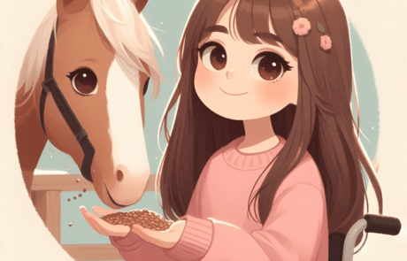 Illustrazione del libro: Carolina dà da mangiare a un cavallo dalla sua sedia a rotelle.