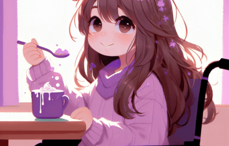Illustrazione del libro: Carolina beve una cioccolata calda con la panna, seduta a tavola sulla sua sedia a rotelle.