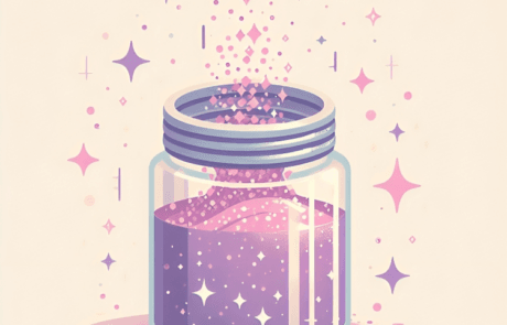 Illustrazione del libro: un barattolo di glitter malva aperto da cui sfuggono scintillii e stelle.