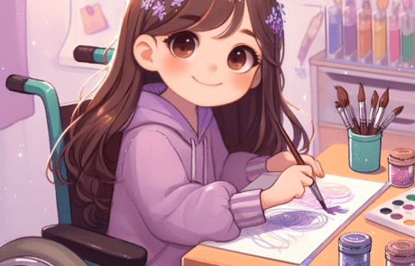 Illustrazione del libro: Carolina dipinge con il glitter alla sua scrivania, circondata da pennelli e barattoli colorati.