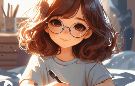 Illustrazione del libro: Isabel scrive sul suo quaderno sdraiata sul letto, con i suoi occhiali rotondi.