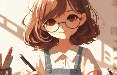 Illustrazione del libro: Isabel scrive alla sua scrivania con una salopette di jeans, sotto la luce della finestra.