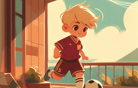 Illustrazione del libro: Juanma, con la sua divisa da calcio, colpisce il pallone su una terrazza di fronte al mare.