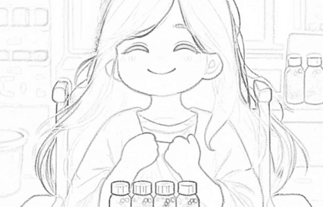 Disegno da colorare: Carolina sorride sulla sua sedia a rotelle davanti a quattro barattoli di glitter.