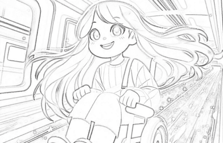 Disegno da colorare: Carolina scende una rampa della metropolitana sulla sua sedia a rotelle.