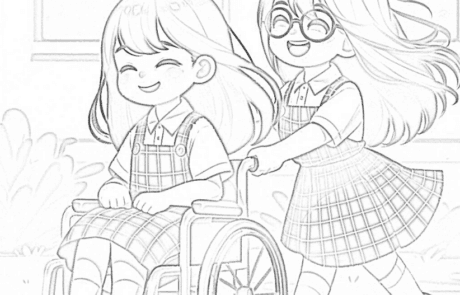 Disegno da colorare: Patri spinge la sedia a rotelle di Carolina lungo la strada per la scuola.