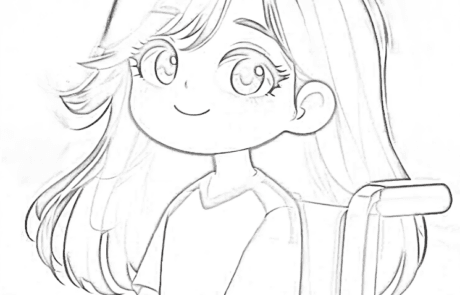 Disegno da colorare: ritratto di Carolina sorridente sulla sua sedia a rotelle.