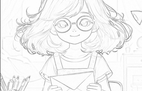 Disegno da colorare: Isabel tiene una busta alla sua scrivania piena di fogli.