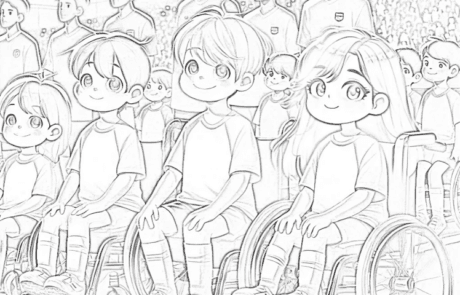 Disegno da colorare: bambini in sedia a rotelle sul campo da calcio accanto ai giocatori.