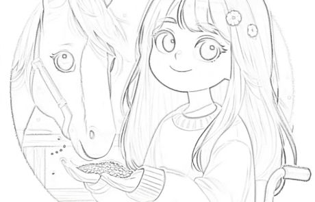Disegno da colorare: Carolina dà da mangiare a un cavallo dalla sua sedia a rotelle.
