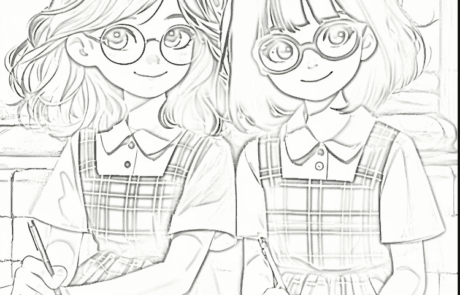 Disegno da colorare: Isabel e Martina, con l'uniforme scolastica, scrivono sui loro quaderni.