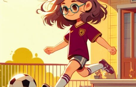 Illustrazione del capitolo: Isabel, con gli occhiali e la maglietta da calcio, corre dietro al pallone davanti a casa.