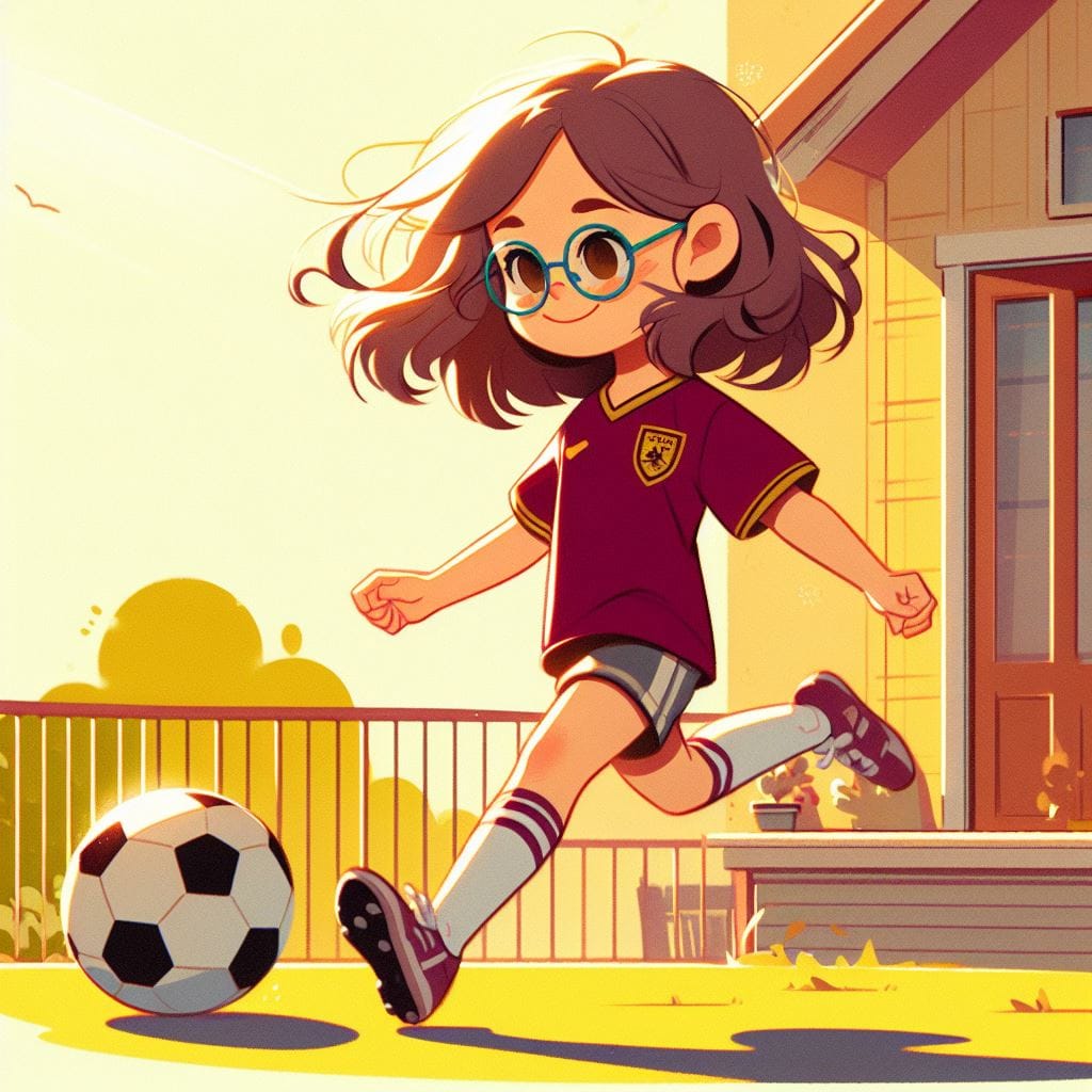 Illustrazione del capitolo: Isabel, con gli occhiali e la maglietta da calcio, corre dietro al pallone davanti a casa.