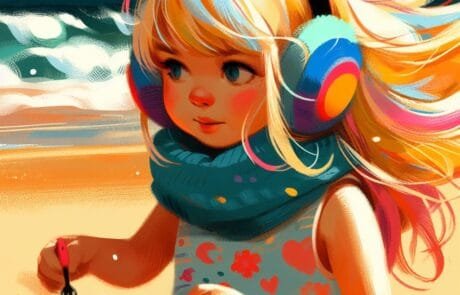 Illustrazione del capitolo: María, con i suoi paraorecchie colorati, costruisce un castello di sabbia sulla spiaggia.