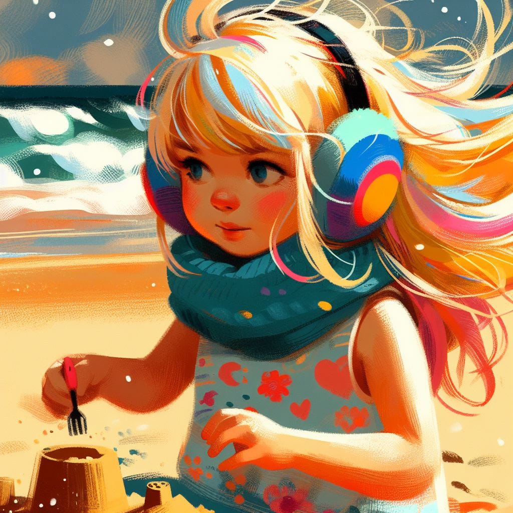 Illustrazione del capitolo: María, con i suoi paraorecchie colorati, costruisce un castello di sabbia sulla spiaggia.