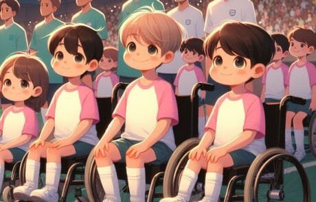 Illustrazione del capitolo: bambini in sedia a rotelle scendono in campo con i giocatori per dare visibilità alle malattie rare.