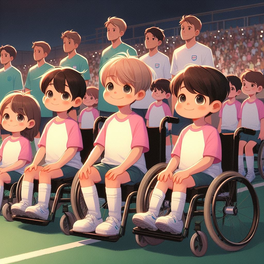 Illustrazione del capitolo: bambini in sedia a rotelle scendono in campo con i giocatori per dare visibilità alle malattie rare.