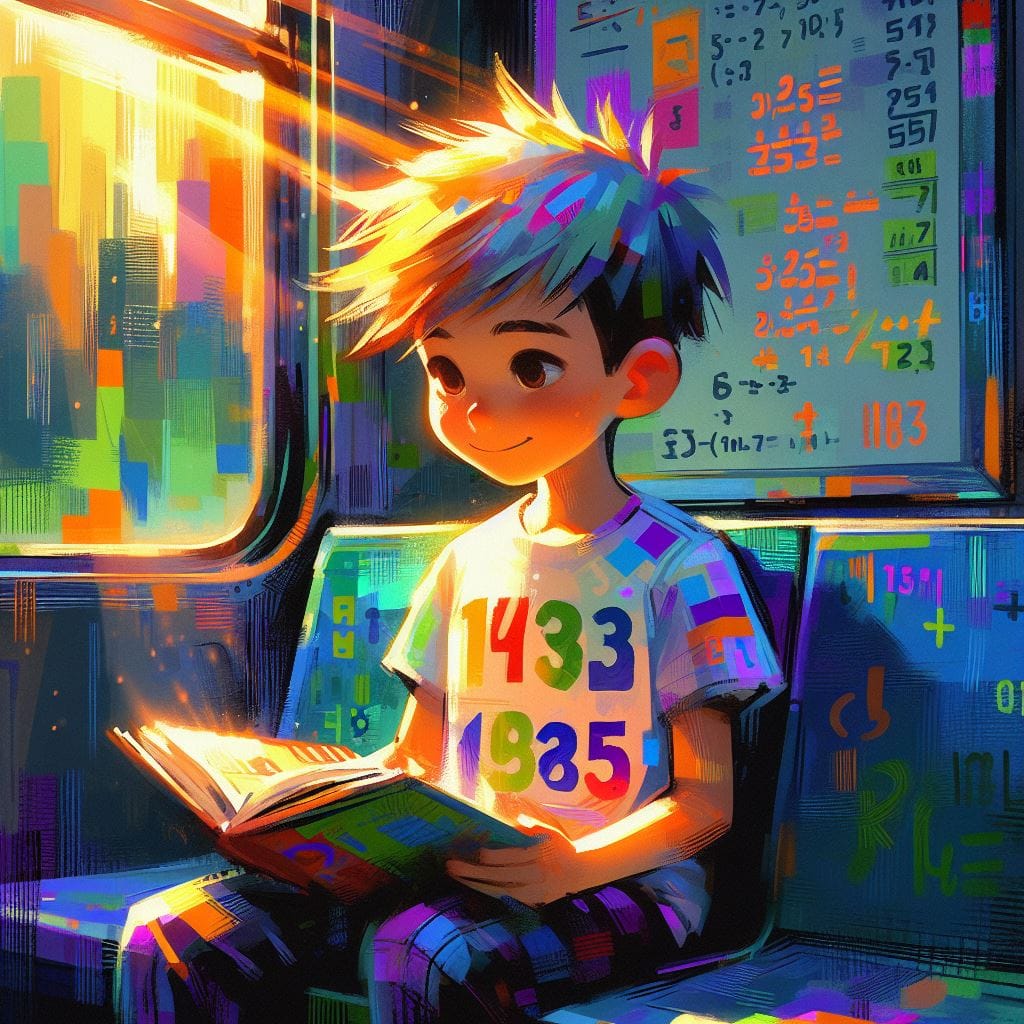 Illustrazione del capitolo: Juanma legge in metropolitana circondato da numeri e operazioni colorate.