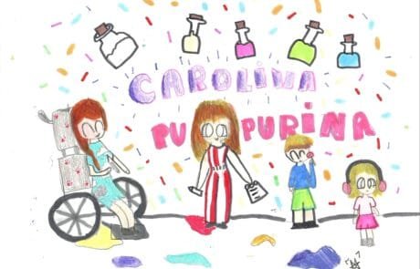 Disegno di Martina con il titolo «Carolina Purpurina»: la protagonista e i suoi fratelli tra barattoli di glitter.