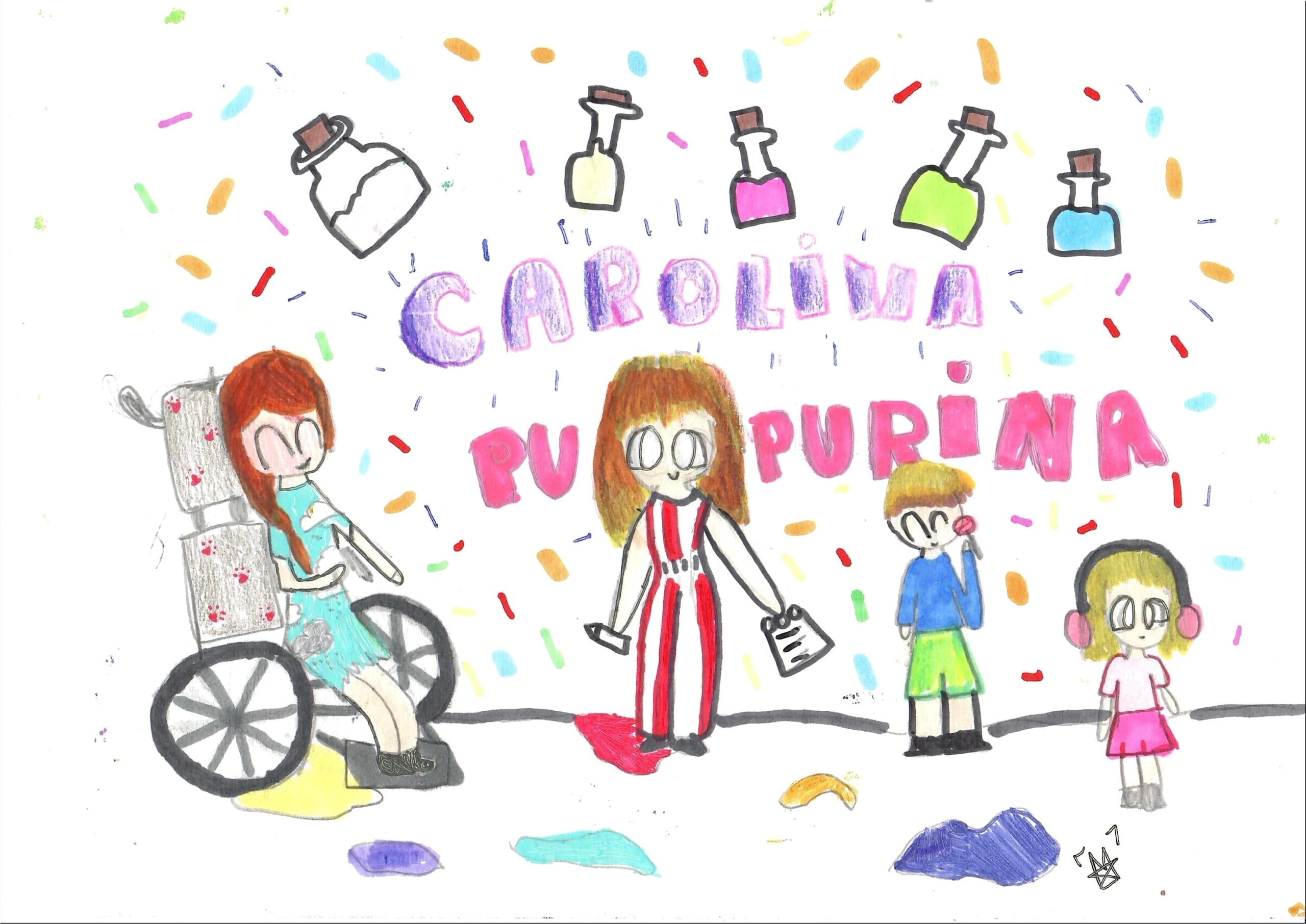 Disegno di Martina con il titolo «Carolina Purpurina»: la protagonista e i suoi fratelli tra barattoli di glitter.