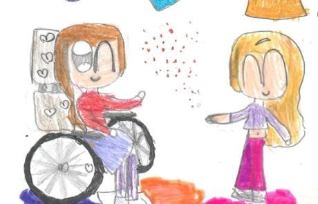 Disegno di Martina: Carolina, sulla sua sedia a rotelle, soffia una manciata di glitter verso la sua amica.