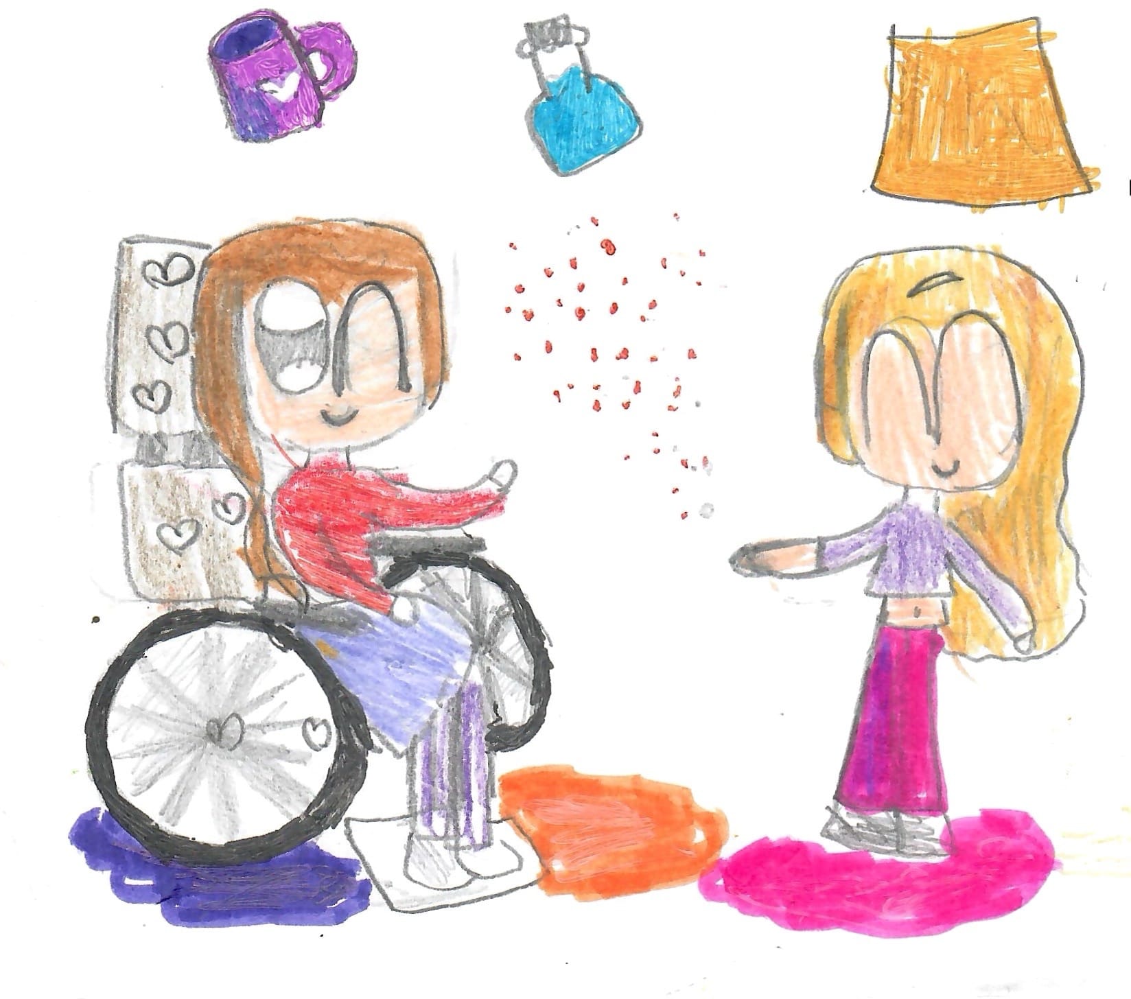 Disegno di Martina: Carolina, sulla sua sedia a rotelle, soffia una manciata di glitter verso la sua amica.