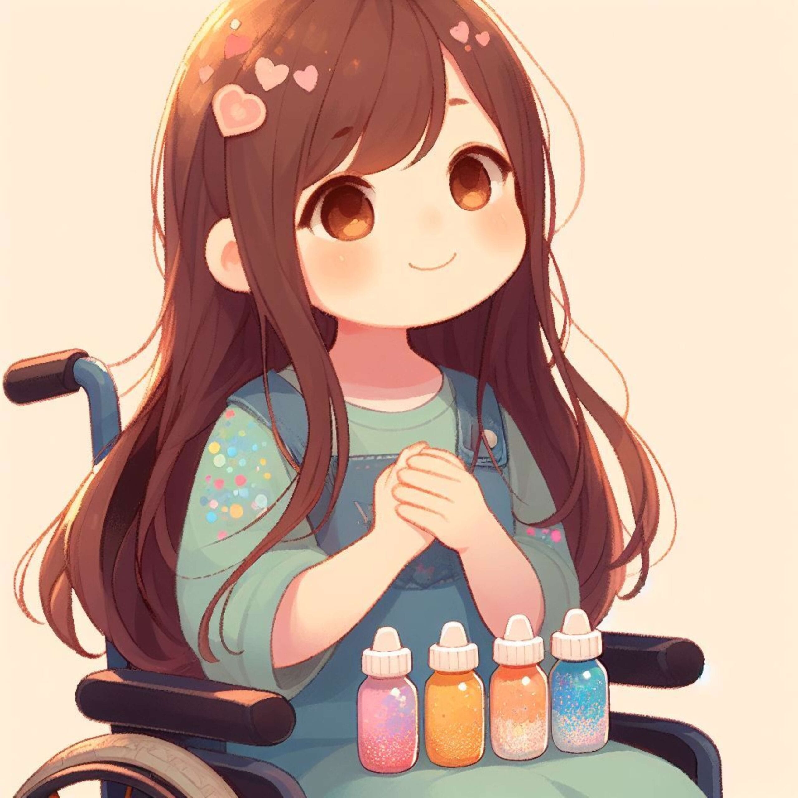 Illustrazione del capitolo: Carolina sorride davanti a quattro barattoli di glitter colorati.