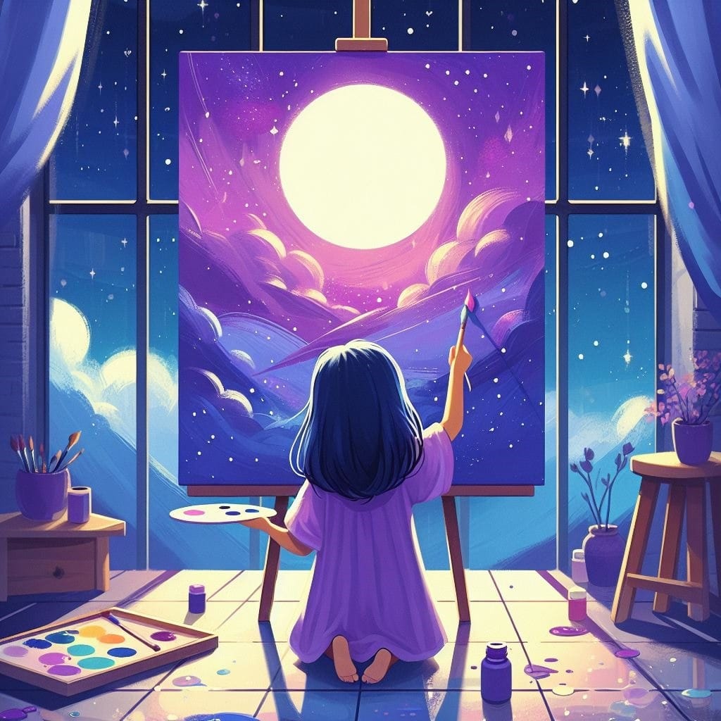 Illustrazione del capitolo: Martina dipinge sul suo cavalletto un cielo stellato con una grande luna.