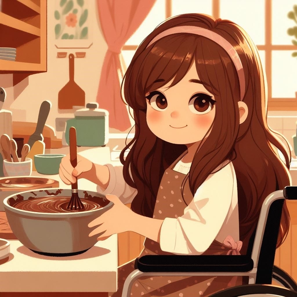 Illustrazione del capitolo: Carolina, con il grembiule, monta un impasto al cioccolato in cucina.