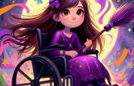 Illustrazione del capitolo: Carolina, travestita da strega con il cappello viola, tiene la sua scopa sotto la luna.