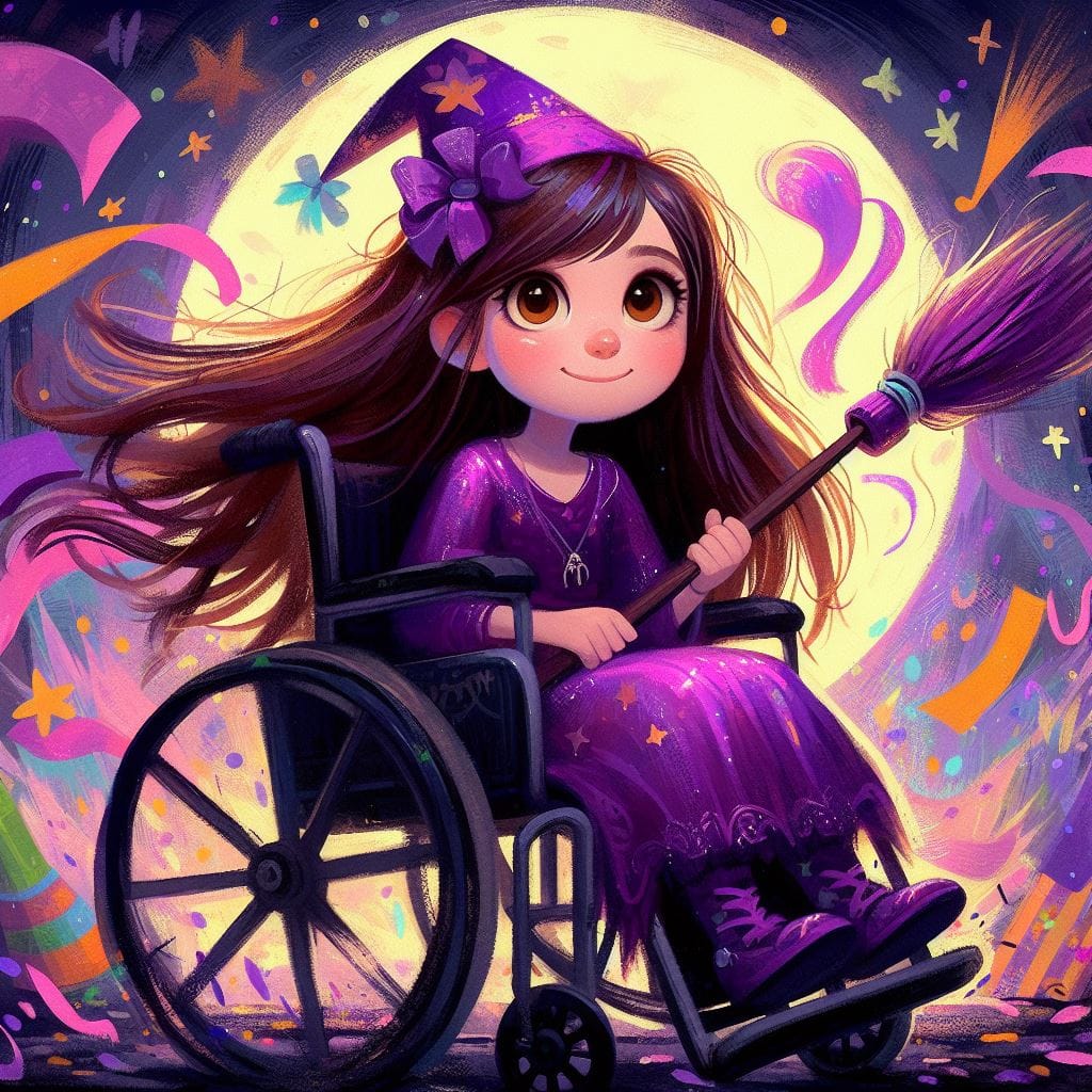 Illustrazione del capitolo: Carolina, travestita da strega con il cappello viola, tiene la sua scopa sotto la luna.