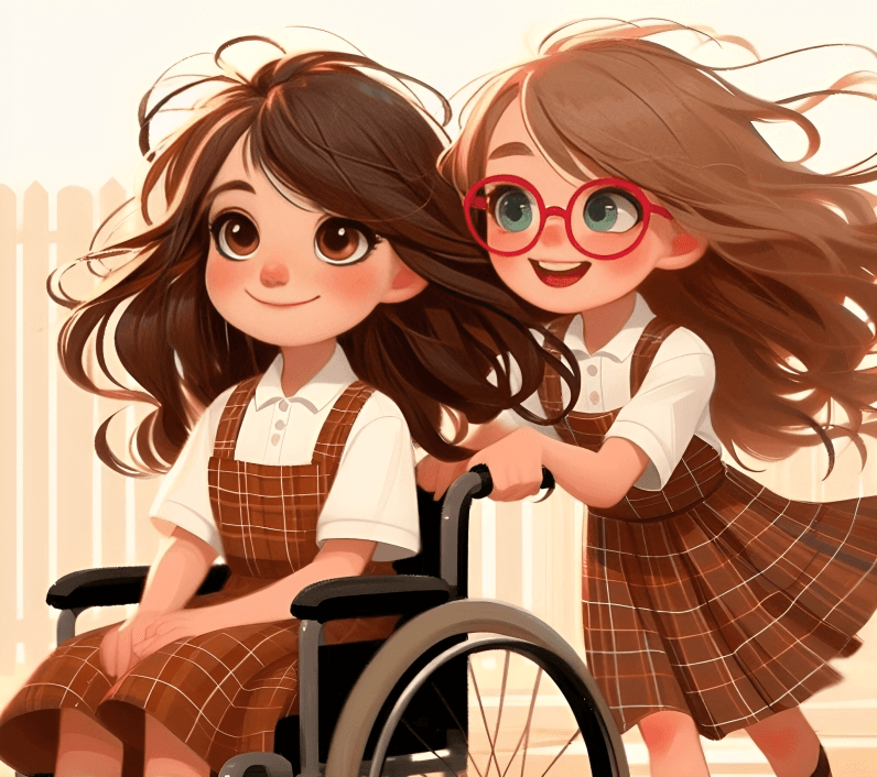 Illustrazione del capitolo: Patri spinge la sedia a rotelle di Carolina; entrambe indossano l'uniforme scolastica.