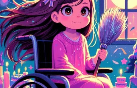 Illustrazione del capitolo: Carolina tiene una scopa scintillante alla sua festa di compleanno, tra torte e candeline.